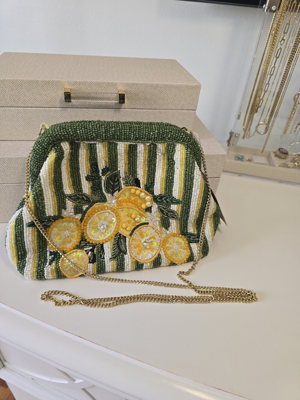 NWT Beaded Lemon Stripe Crossbody Bag in Green and Yellow